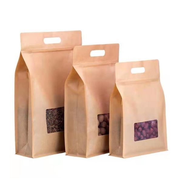 

storage bags 50pcs/lot kraft paper with handle resealable packing window stand pouches for coffe beans snack nuts