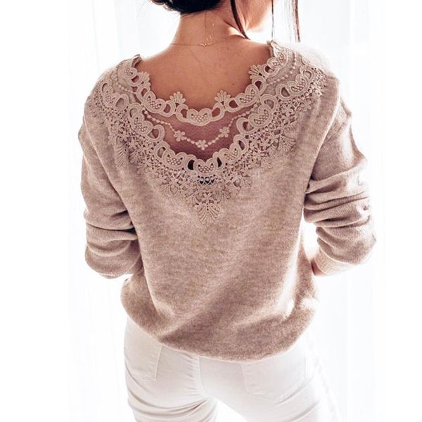 

elegant lace flower hollow out back stitching backless pullover women long sleeve o neck soft shirts blouse, White