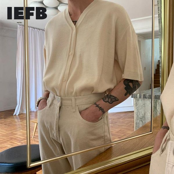 

men's t-shirts iefb summer short sleeve single breasted v collar t-shirt loose korean casual thin ice silk trend tee 2021 9y7667, White;black