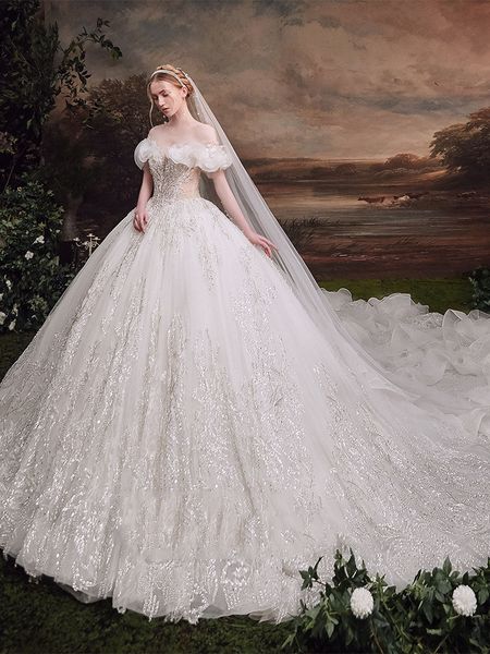 

luxury ball gown wedding dresses jewel short-sleeves off-shoulder sequins appliques lace arabic wedding bridal gowns crystal vestidos de nov, White