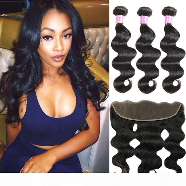 

brazilian frontal closure with body wave bundles unprocessed peruvian virgin human hair extensions malaysian indian body wave weaves closure, Black
