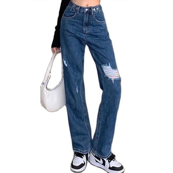 

women's jeans ins fashion ripped women 2021 high waist all-match straight leg trousers wide pants clothing, Blue