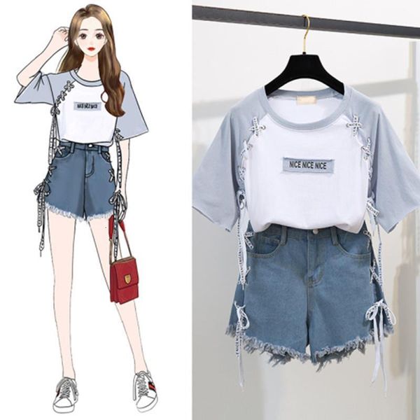 

2021 summer girl leisure tether print cotton t-shirt + cross tie letter hole tassel denim shorts two-piece women's sweet suit, Gray