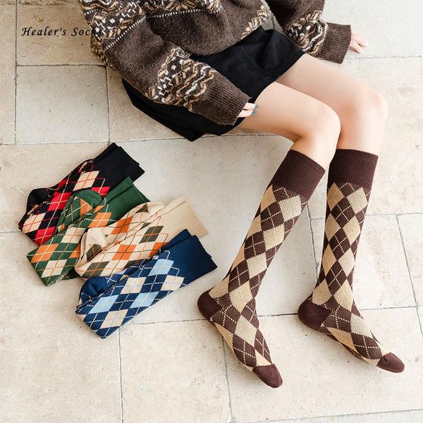 Meias Hosiery British Style Women Cotton Color Diamond Plaid Line