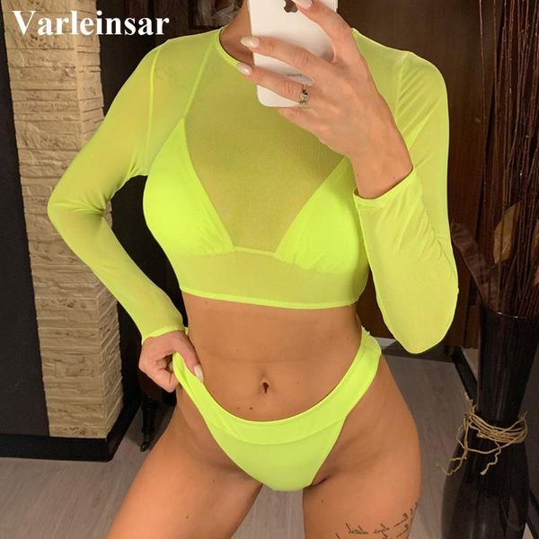 

women's swimwear mesh full sleeve high waist bikini female swimsuit women three-pieces set bather bathing suit swim wear v2518, White;black
