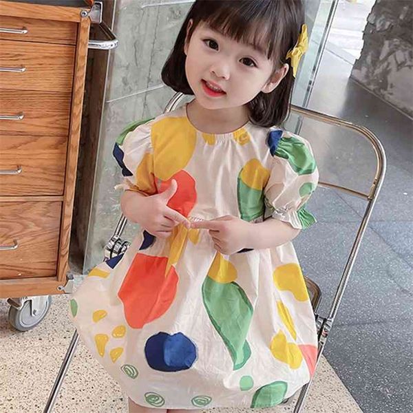 Meninas de verão vestido estilo coreano doce cor graffiti ponto frescura bolha manga bebê crianças roupas infantis 210625
