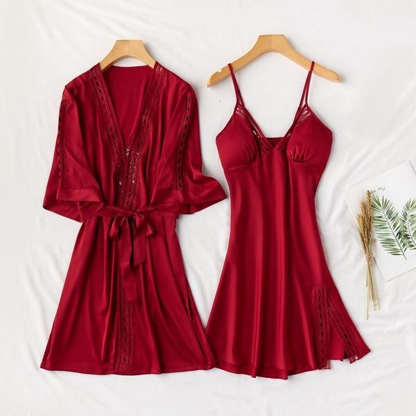 

2 pieces sleepwear women v-neck red faux silk nightgowns female lingerie night wear solid comfort night dress, Black;red