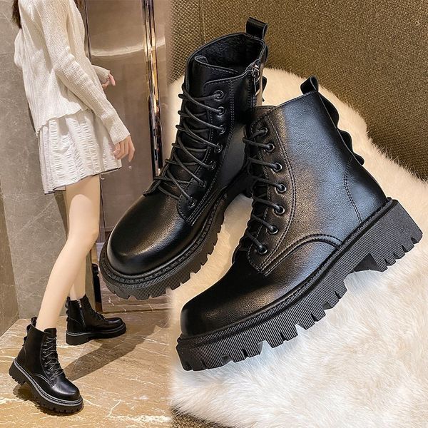 

martin low heel side zipper short boots autumn and winter 2021 korean fashion lace up women's boots, Black