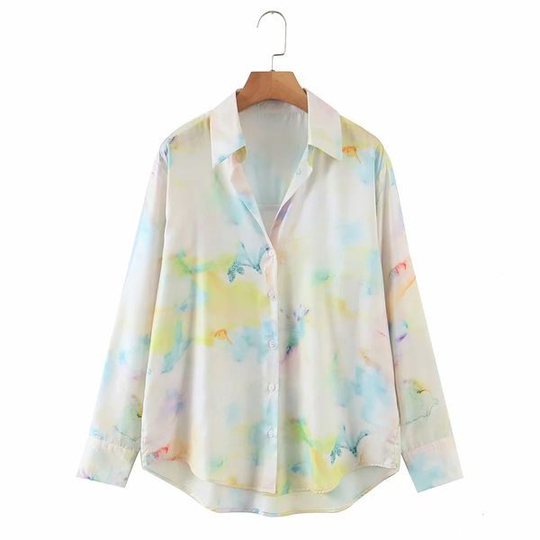 

women's blouses & shirts za women tie dye print shirt retro v-neck long sleeve elegant blouse casual drape button up spring autumn, White