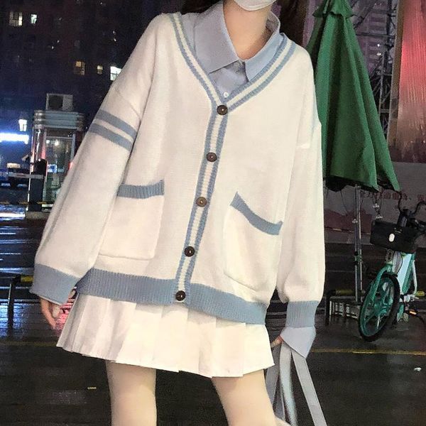 

clothing sets college style sweet lazy sweater knitted cardigan female student korean loose coat anime school girl uniform, White