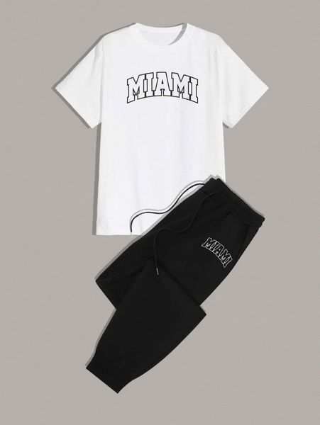 

romwe guys letter graphic tee & drawstring sweatpants 95og#, Gray
