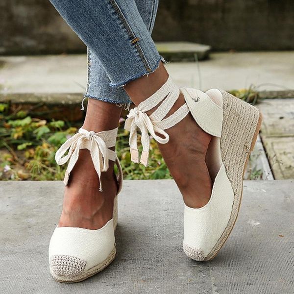 

sandals women's wedges espadrilles summer 2021 ankle cross strap gladiator woman casual canvas pumps shoes, Black
