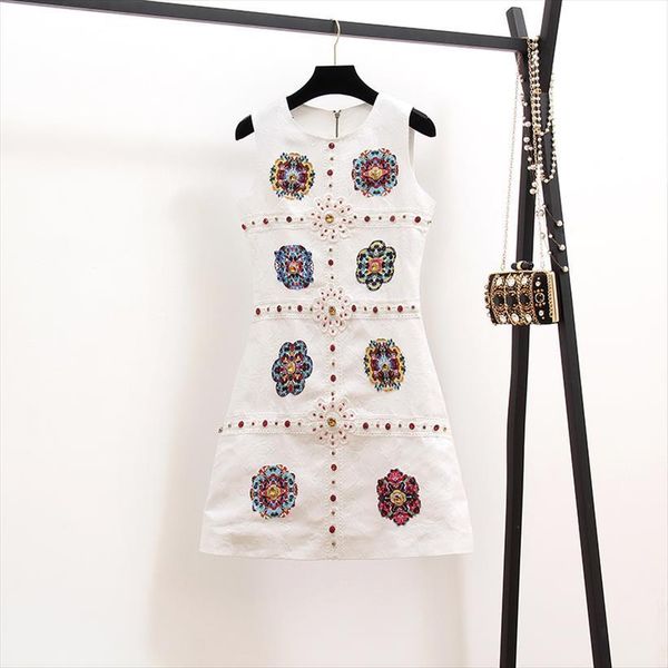 

designer runway summer elegant women dresses floral applique sleeveless short diamonds crystal beading button jacquar, Black;gray