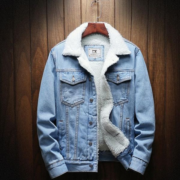 

2021 men light blue winter jean jackets outerwear warm denim coats new men large size wool liner thicker winter denim jackets, Black;brown