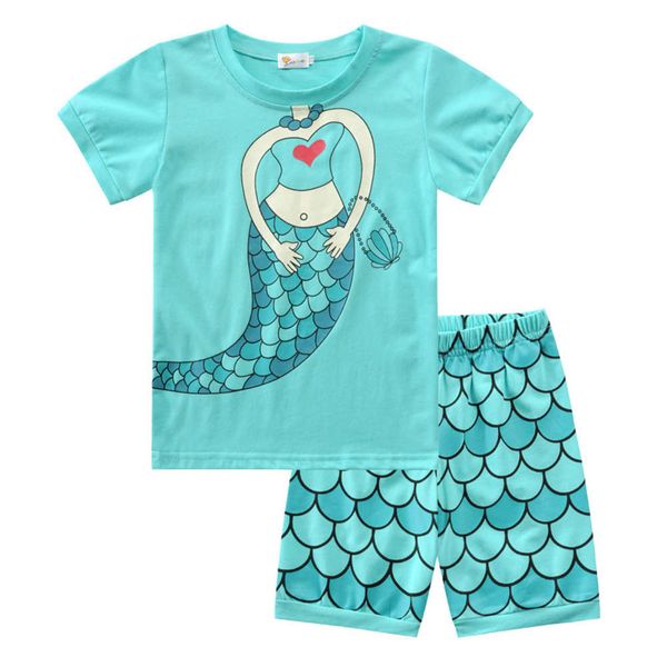 

new children's mermaid housewear girls' summer nightwear two piece set, Blue;red