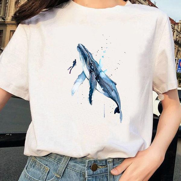 

sea whale tshirt women aesthetic tumblr vintage t-shirts kawaii harajuku summer tees women streetwear t-shirt, White