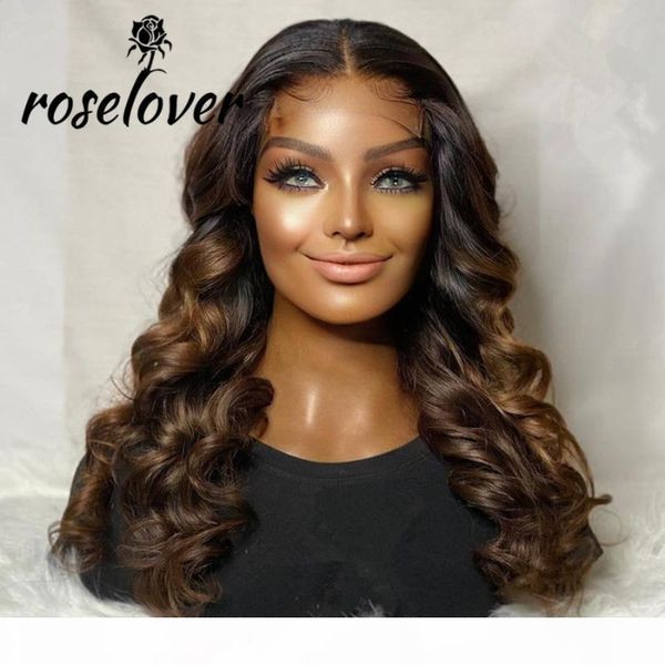 

ombre brown color human hair wigs brazilian remy hair 180% loose wave part lace wigs for black women pre plucked bleached knots, Black;brown