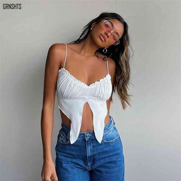 

summer bandage folds tank crop vest solid female short t-shirt streewear women hollow out 210705, White