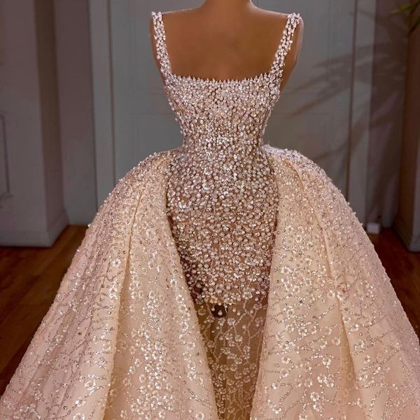 Lussuoso abito da sposa a sirena trasparente con perline scollo quadrato abiti da sposa con strascico staccabile vestido de novia