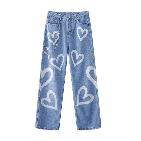 

women's jeans retro high waisted korean fashion heart shaped graffiti print straight pants harajuku loose wide leg female, Blue