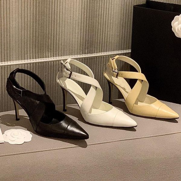 

dress shoes cross belt woman sandals thin heels pointed toe sliders women buckle strap ladies fashion leather 2021, Black