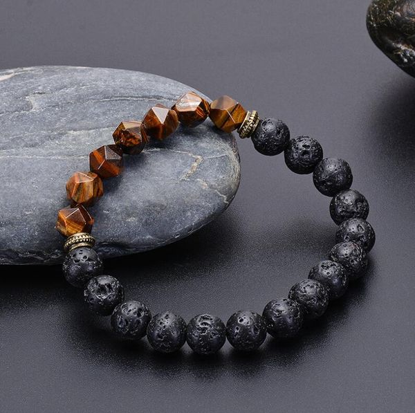 

natural cut tiger eye stone bracelet black lava volcanic for men women, Golden;silver