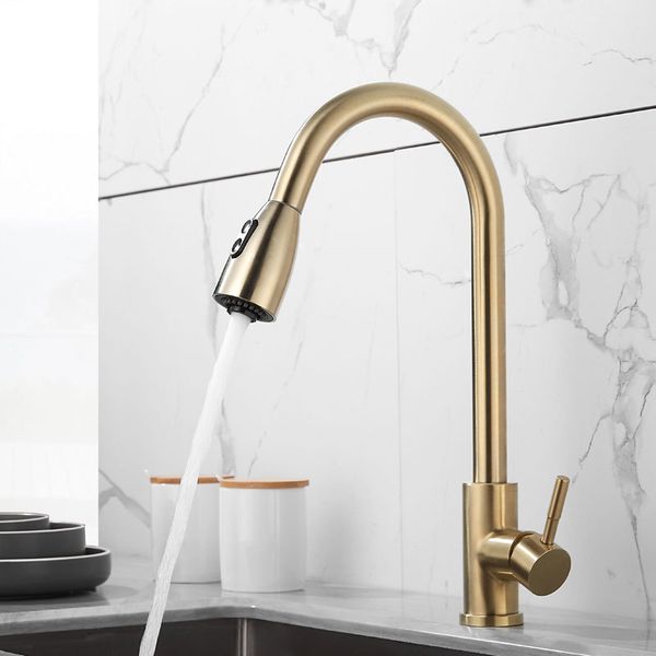

2021 new brushed gold faucet pull out single hole handle swivel kitchen mixer tap djrz