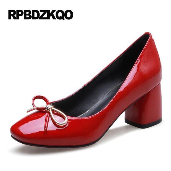 

dress shoes 2021 patent leather chunky square toe pumps red small size discount genuine ladies 4 34 bow high heels cute tie real, Black