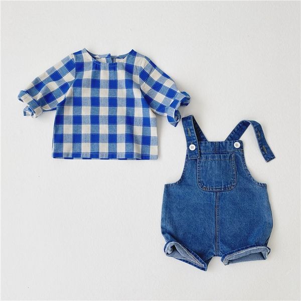 Herbst Junge Set Plaid Langarm Hemd Tops und Kleinkind Kinder Denim Overalls 2 stücke Baby Mädchen Kleidung Outfits 210309