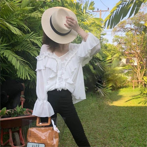 

plus size zanzea polyester full vadim spring women's shirt chiffon super fairy lotus leaf female blouse women blouses & shirts, White