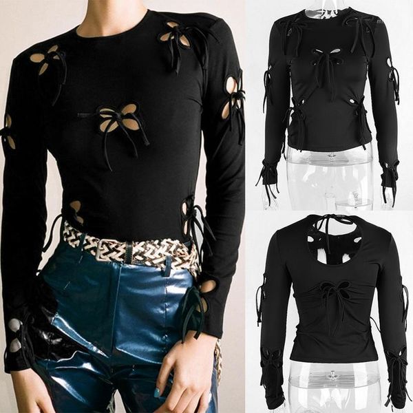 

aesthetics butterfly bandage long sleeve t-shirts vintage e-girl hollow out o-neck crop gothic tees punk women's t-shirt, White
