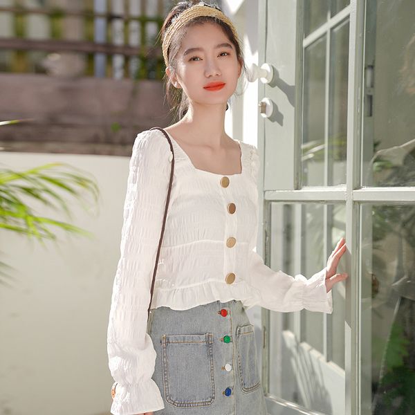 

2021 new spring summer women chiffon casual female single breasted long sleeve short blouse ladies white shirts xo6t, Tan;black