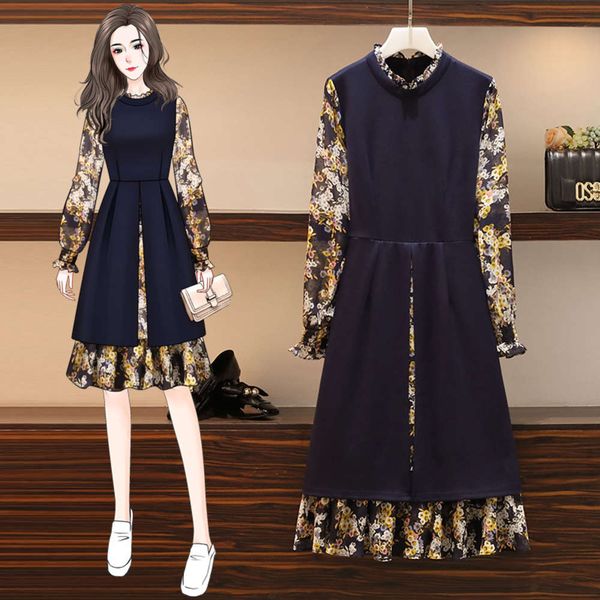 

large women's fake two pieces of new spring 2021 fat sister french cut age cover meat show thin floral dress, Black;gray