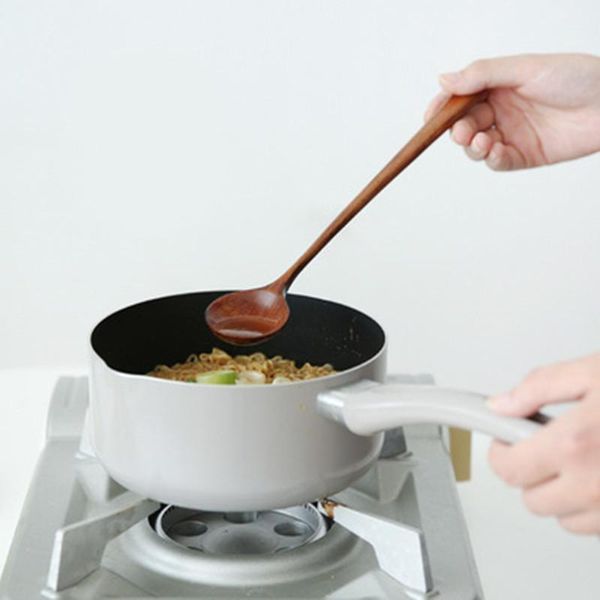 

spoons 1pc long wooden korean style 10.9 inches 100% natural wood handle round for soup cooking mixing stirr