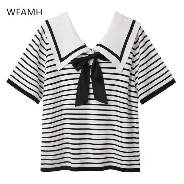 

women's t-shirt striped collar large size ladies bowknot slim fit type 2021 summer college sweet short sleeve thread knit top, White