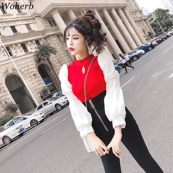 

woherb patchwork hollow out pullovers o neck puff sleeve sweater women contrast color slim fashionable jumpers korean new 911761, White;black