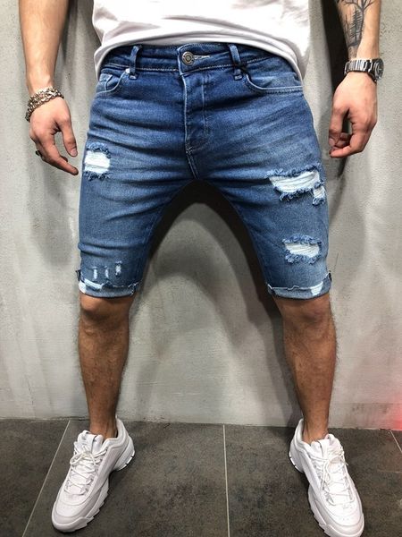 

2021 summer new men stretch ripped short jeans fashion casual slim fit elastic shirts denim shorts men's clothing, Blue