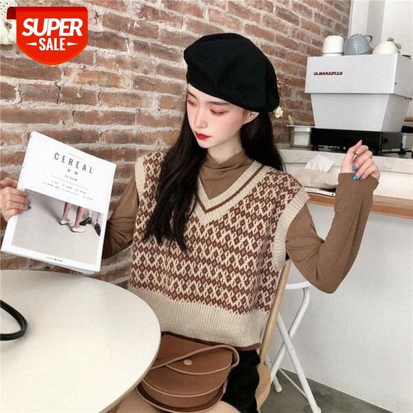 

2020 autumn and winter new style korean-style sleeveless v-neck knitted vest waistcoat women's outer wear versatile loose-fit #cx0i, Black;white