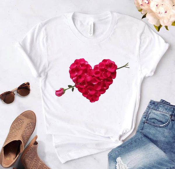 

heart red rose flower print ladies t shirt casual basis o collar white shirt short sleeve women t shirt love graphic printing