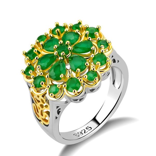 

cluster rings supply explosive accessories zircon emerald two-color copper electroplated silver flower ring female charm creative, Golden;silver