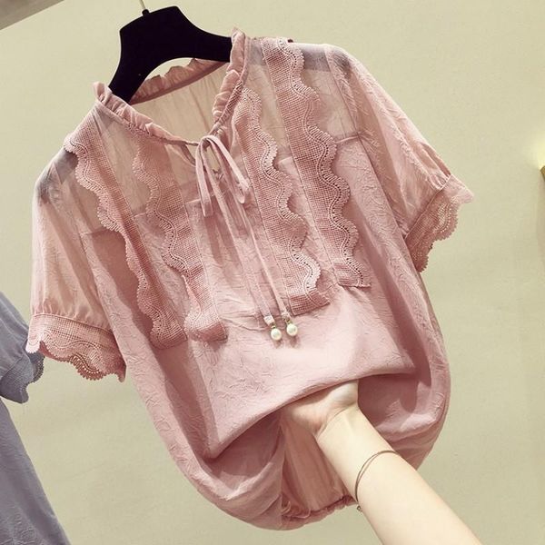 

lace ruffles women blouses 2021 summer new o-neck short-sleeved loose all match lady elegant pulls tees quality, White
