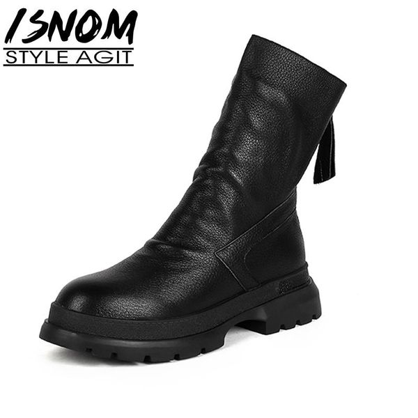 

boots isnom women genuine leather booties autumn winter platform back zipper thick heel ankle vintage round toe, Black