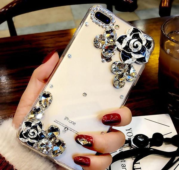 

fashion luxury designer rhinestone diamond crystal camellia flower transparent case for iphone 11 pro max x xr xs max 6 7 8 plus case 5cbiy