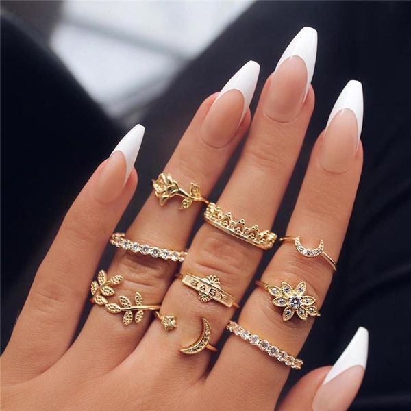 

cluster rings 9pcs/set gold boho style leaf rose flower moon knuckle for women midi ring sets female party jewelry, Golden;silver