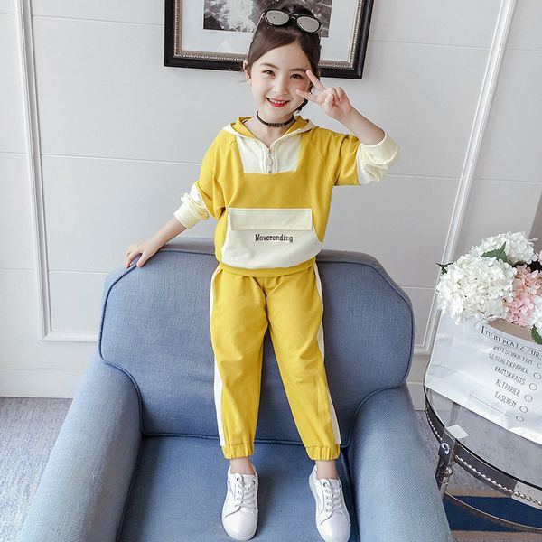 

2021 new elegant children girl with hoodie pants child cotton knit spring girls clothes 4-13t 1dqz, White