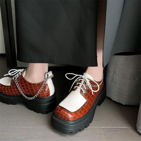

dress shoes pxelena british chain women genuine leather oxfords chunky heels platform punk gothic square toe 2021 spring fall brown ol, Black