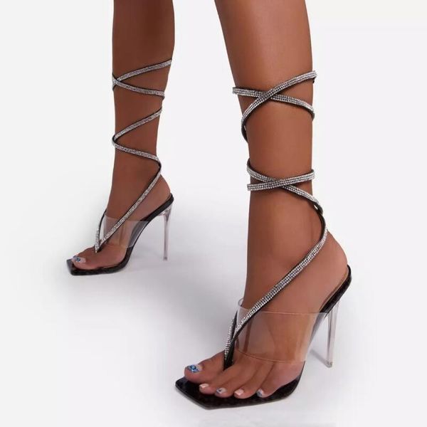 

dress shoes lace up sandals women crystal transparent thin heels fashion pinch toe ankle strap ladies pumps, Black