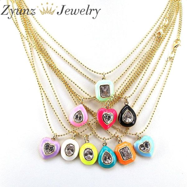 

pendant necklaces 10pcs, oval square drop heart zircon necklace for women jewelry cz crystal enamel components gold bead balls, Silver