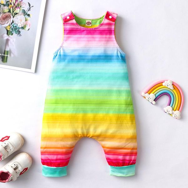 

jumpsuits 0-18m born baby girls romper clothes sleeveless rainbow print jumpsuit cotton summer girl clothing, Blue