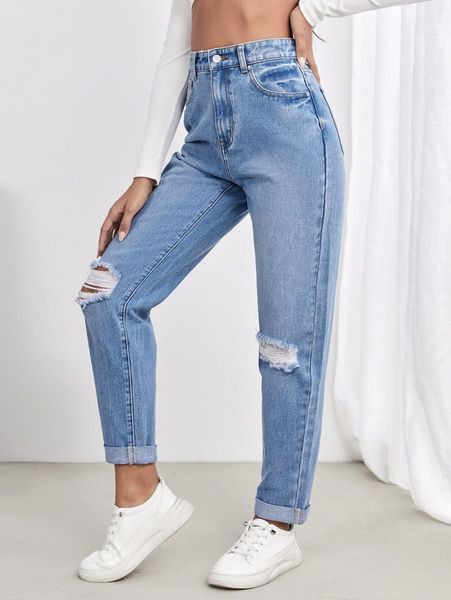 

high waist ripped jeans o8kj#, Blue